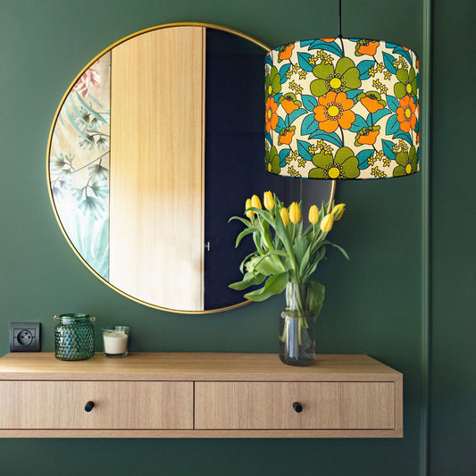 Floral retro 70s orange and green lampshade | vintage lampshade image 1