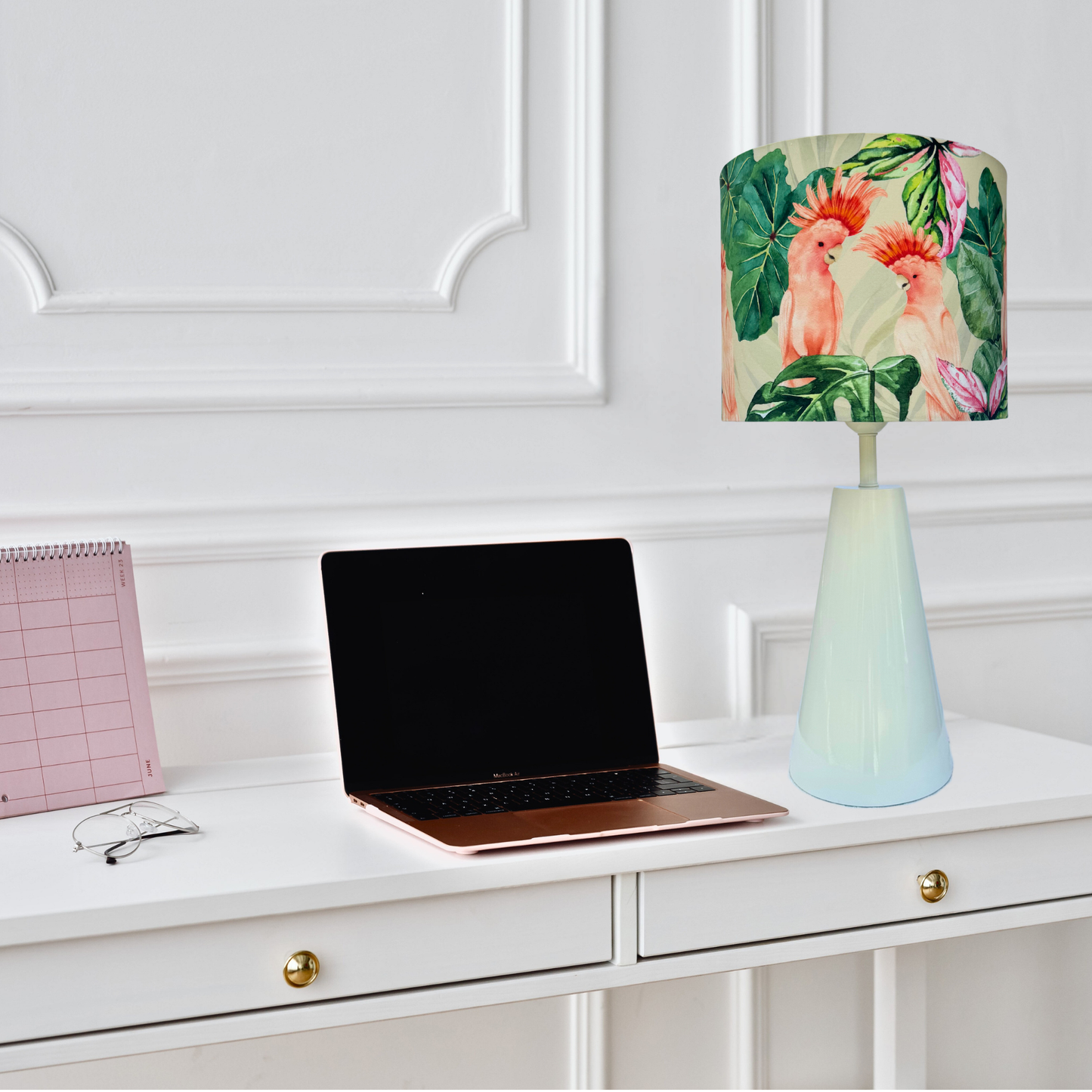 Pink Cockatoos- Cone Ivory Table lamp