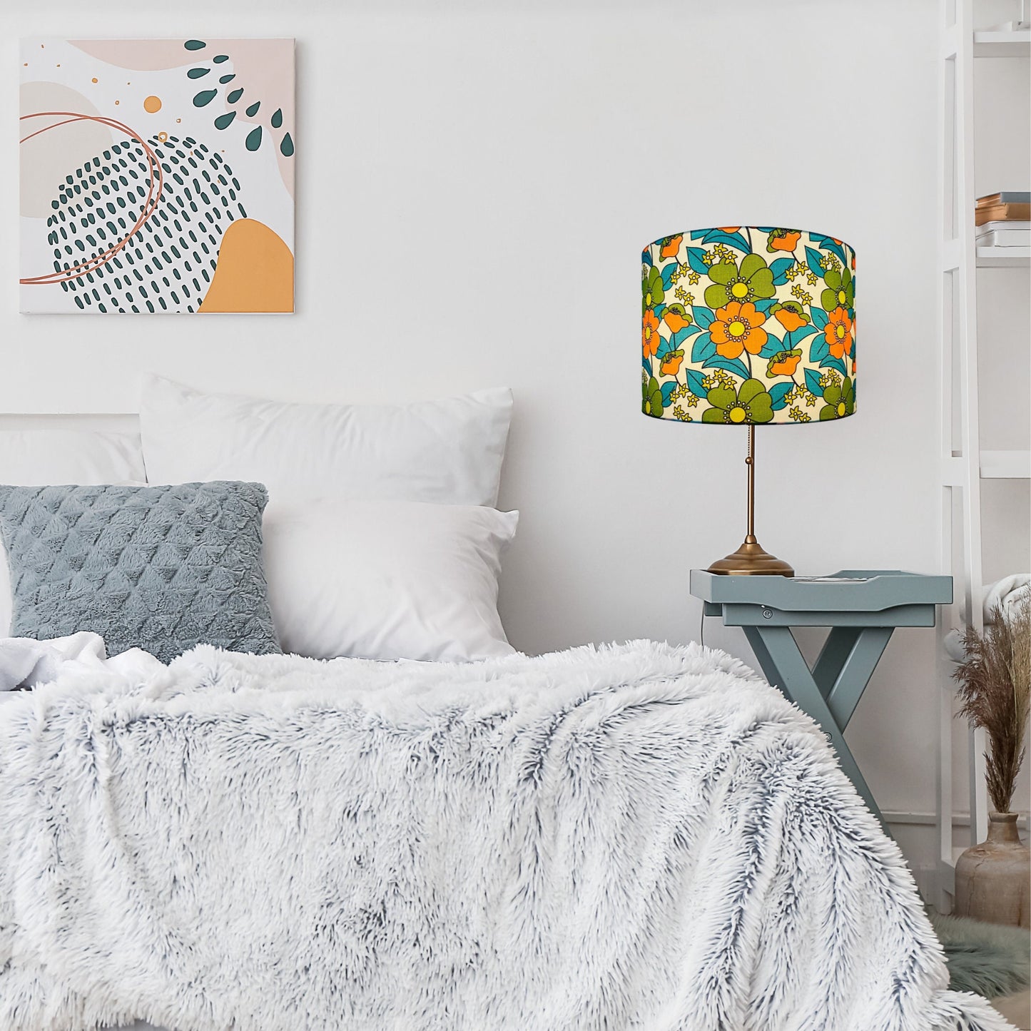 Floral retro 70s orange and green lampshade | vintage lampshade image 2